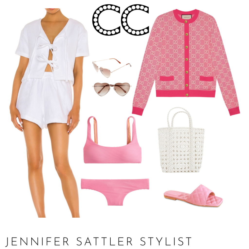 pink gucci cardigan, white 2 piece lounge set, swim suit, swim suit cover up, beach bag, quilted sandals sunglasses.
