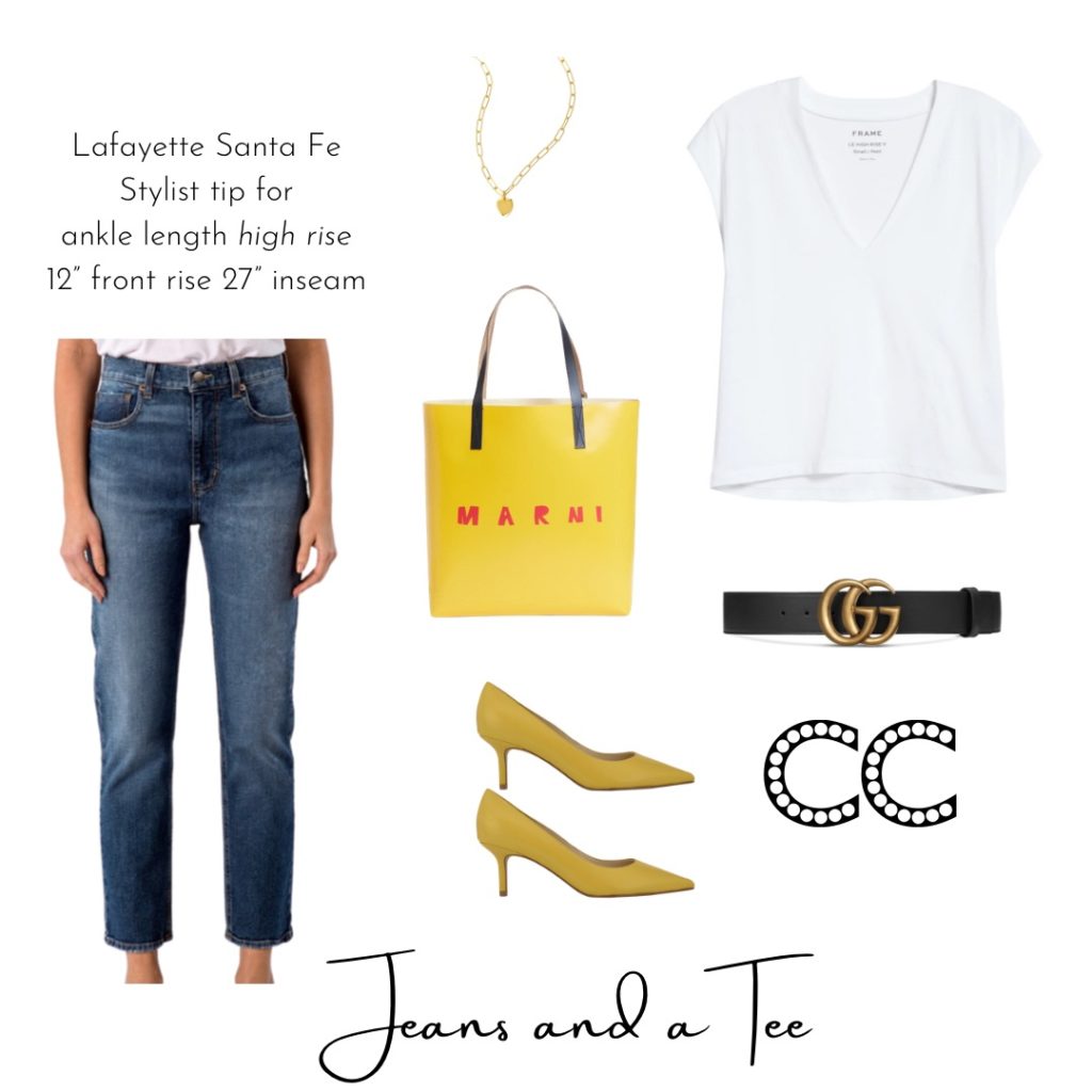 white t shirt
yellow purse
yellow shoes
gucci blet 
gold chain necklace
Modern American jeans