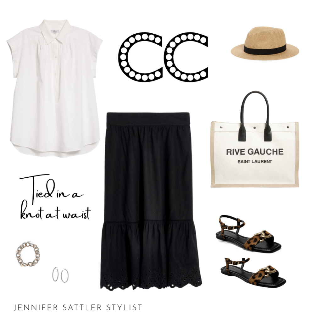 white short sleeve blouse
YSL tote
straw hat fedora
leopard sandals
sandals with chain
david yurman
