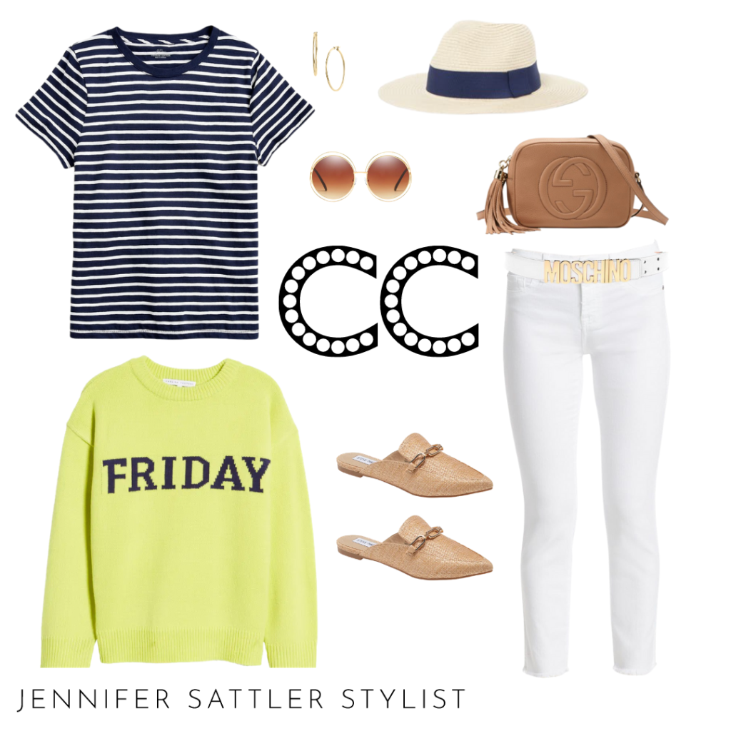 hat
navy striped t shirt
mules
natural mules 
pullover 
graphic pullover
neon
chole sunglasses
white jeans
white jeans raw hem
gold hoops
gucci purse
gucci disco
