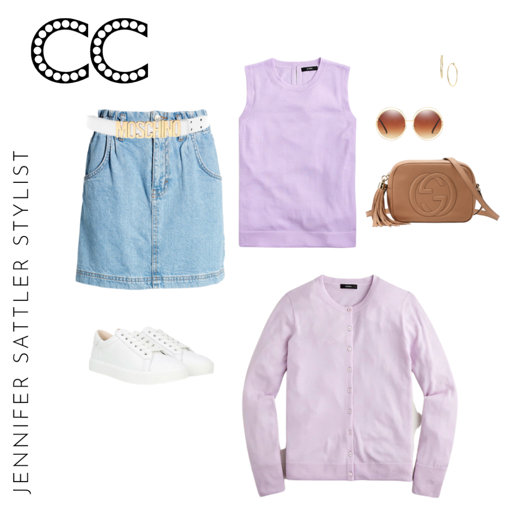 lavendar cardigan 
white sneakers
purple shell
lavendar top 
white belt
paperbag skirt
chole sunglasses
gold hoops
moschino belt
