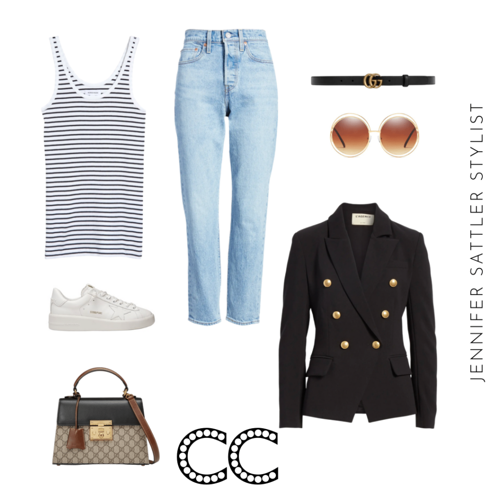 Thin Gucci belt
Gucci marmount belt
Levi
Black and white tank
Blazer
Golden goose sneakers
Choloe sunglasses
Gucci bag
Fashion sneakrs