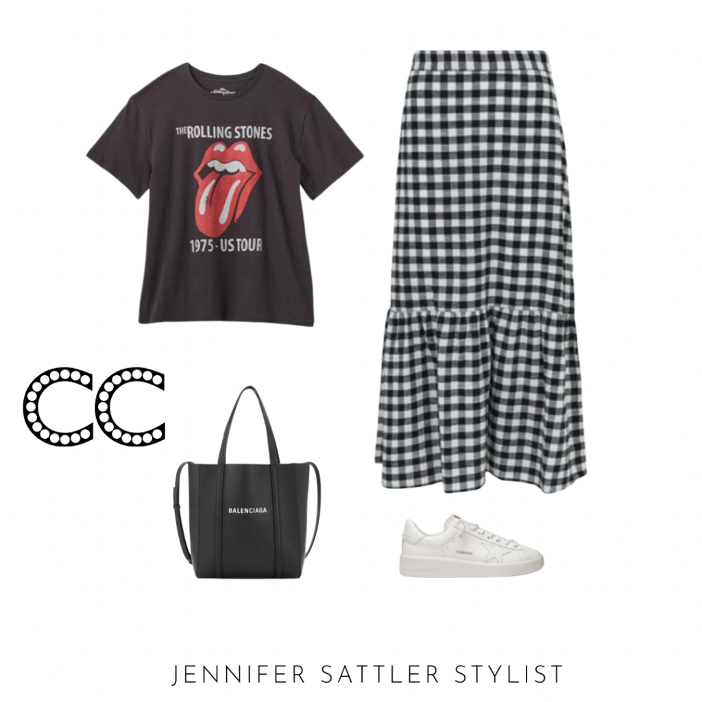 Rolling stones t shirt
Black and white skirt
Check skirt
Balenciaga bag
Golden goose sneakers 
Fashion sneakers

