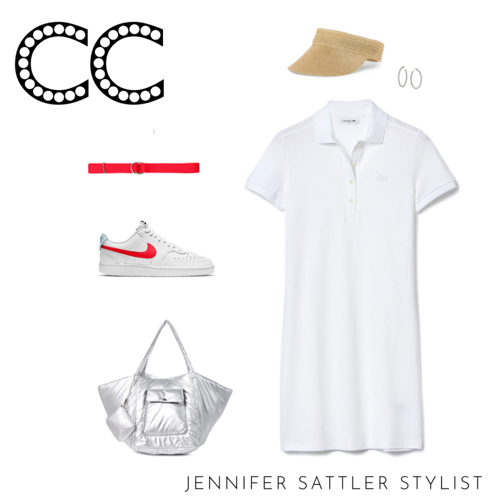 Lacoste polo dress
Red ganni belt
Silver tote 
Nylon tote
Visor
Silver hoops
Nike sneakers
Nike court shoes
Nike court vision women’s sneaker

