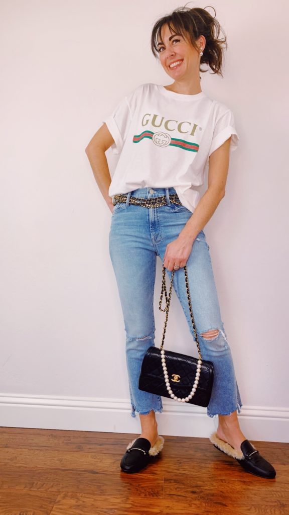gucci t shirt
insider crop 
mother jeans
chanel purse
chanel chiain belt
mules
loafters
