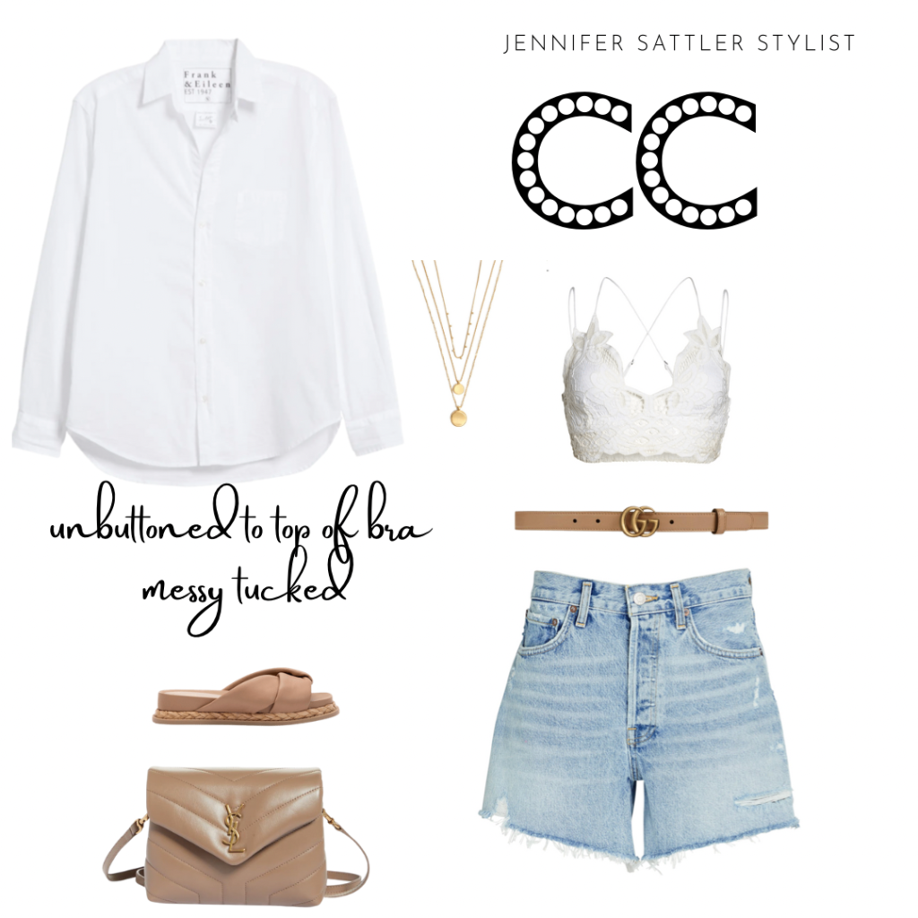 gucci belt
long sleeve white blouse
layered necklace
cutoff 
cute jeans outfit

jean shorts
 YSL bag
bralette
