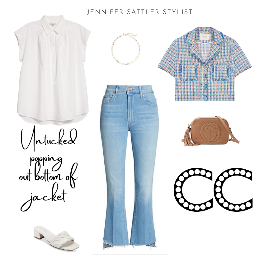 white short sleeve blouse
short sleeve jaxcket
chain link necklace
gucci disco purse
cute jeans outfit

white square toe low heel sandal
maje jacket
