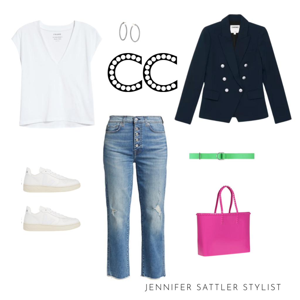 green gani belt
navy a'legence blazer
button fly jeans
white snekers
jelly tote
white v neck t shirt
t-shirt
tee
david yurman hoops
cute jeans outfit
