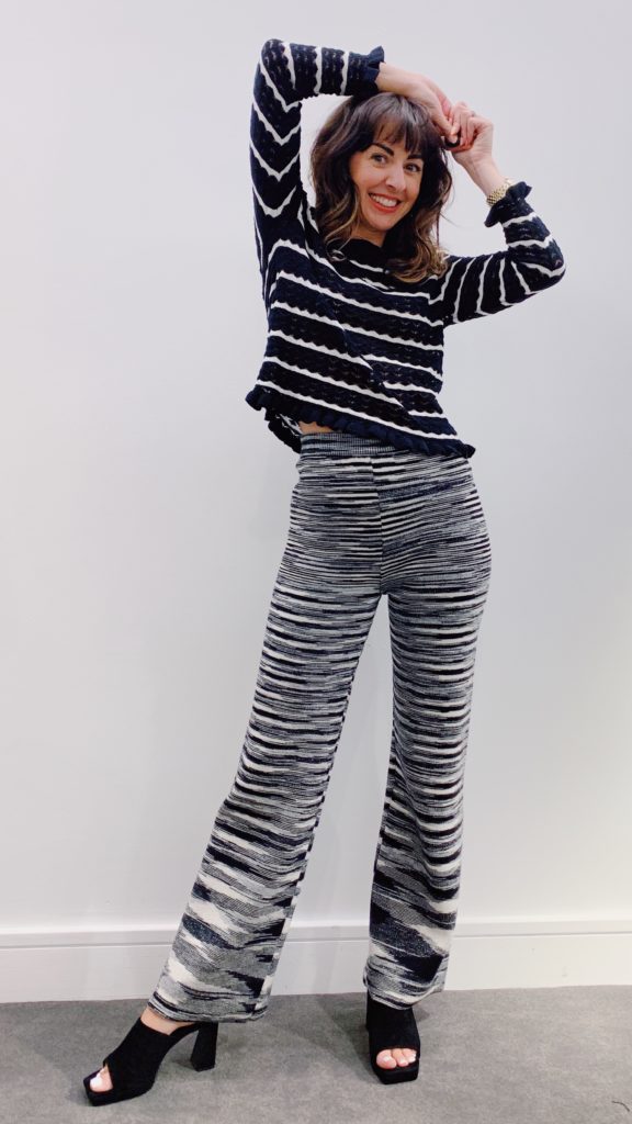 black and white missioni pants black and white neutral stripe sweater mix and match stripes
