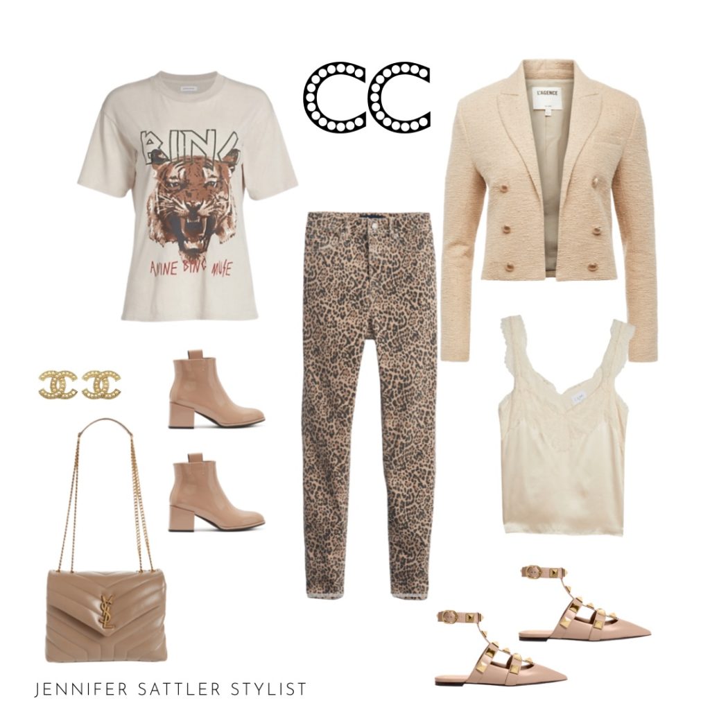 nude valentino flats leopard print skinny jeans small matlease YSL nude handbag nude boots tan boots silk camisole anine bing t shirt lagence blazer cropped tweed blazer
style board closet choreography leopard print pant outfits 
leopard street style