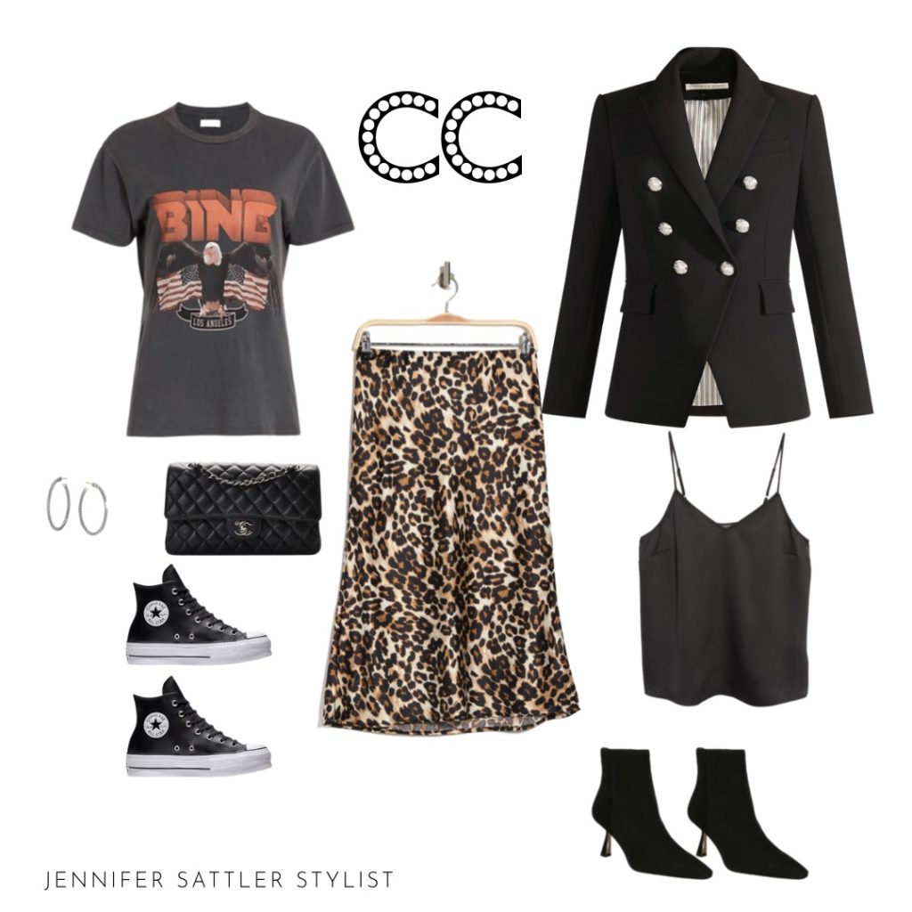 same edelman black suede boots anine bing graphic eagle t shirt black converse sneakers chucks leopard print skirt outfits black quilted chanel handbag with silver hadware david yurman silver hoops leopard street style

