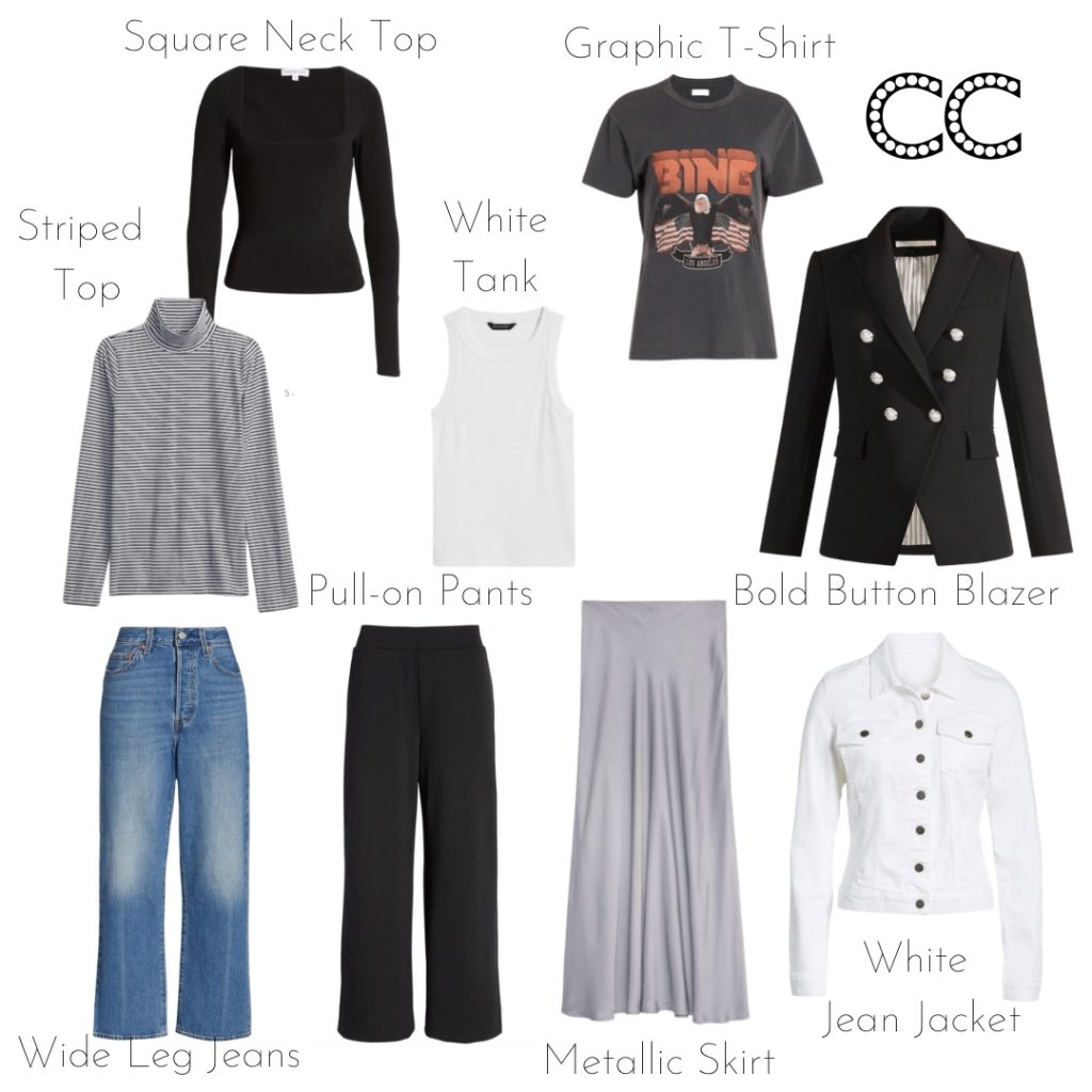 spring capsule wardrobe
square neck black top
graphic anine bing black t shirt with eagle
black and white striped turtleneck
white ribbed tank
black veronica beard blazer with bold buttons
silver buttons
wide leg crop jeans
wide le jeans
black pull on pants
track pants
slip skirt
metallic slip skirt
white jean jacket
