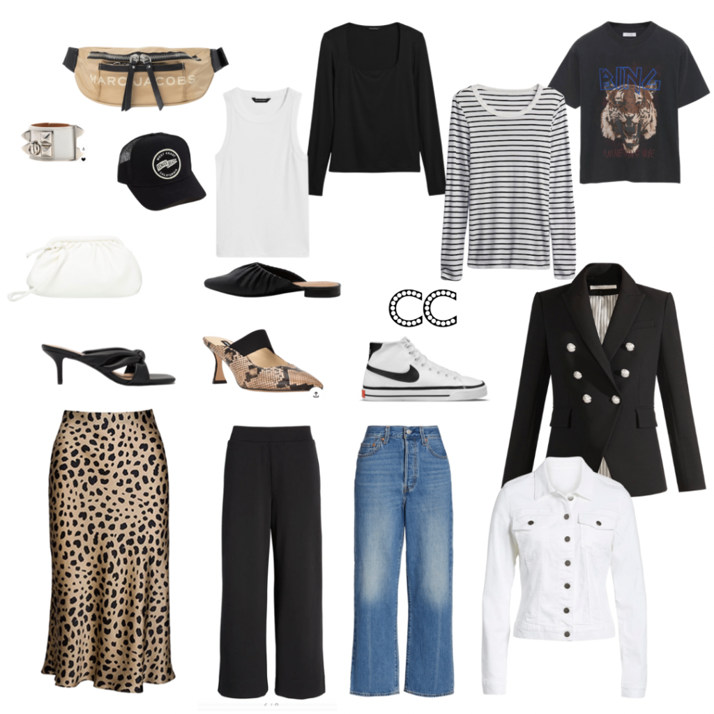 rinted Skirt | Pull-On Pant | Wide Leg Jeans | White Denim Jacket | Bold Blazer | Striped Top | Graphic T-Shirt | Tank Top | Square Neck Top | Belt Bag | White Bag | Hat | Cuff | Sneakers | Flats | Heeled Sandals | Snakeskin Mules Spring capsule wardrobe
