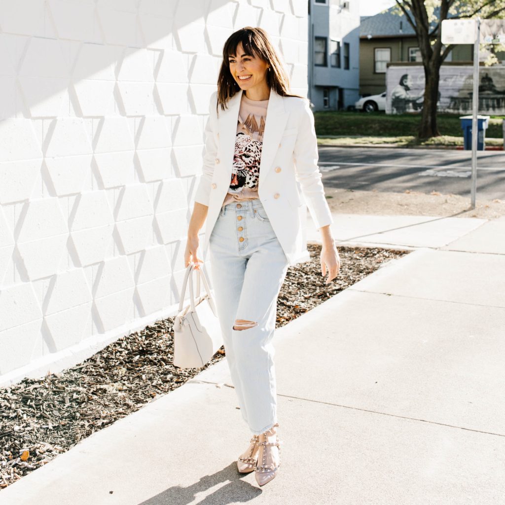 white double breasted blazer with gold buttons blazer outfit street style button fly light wash jeans from target wide leg crop jeans white satchel def leopard graphic t-shirt valentino ballet flats
 