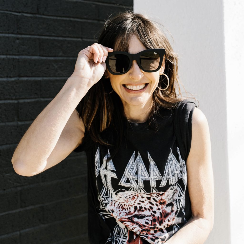 Def Leppard band T-shirt from target black and white David Yurman silver hoops quay sunglasses