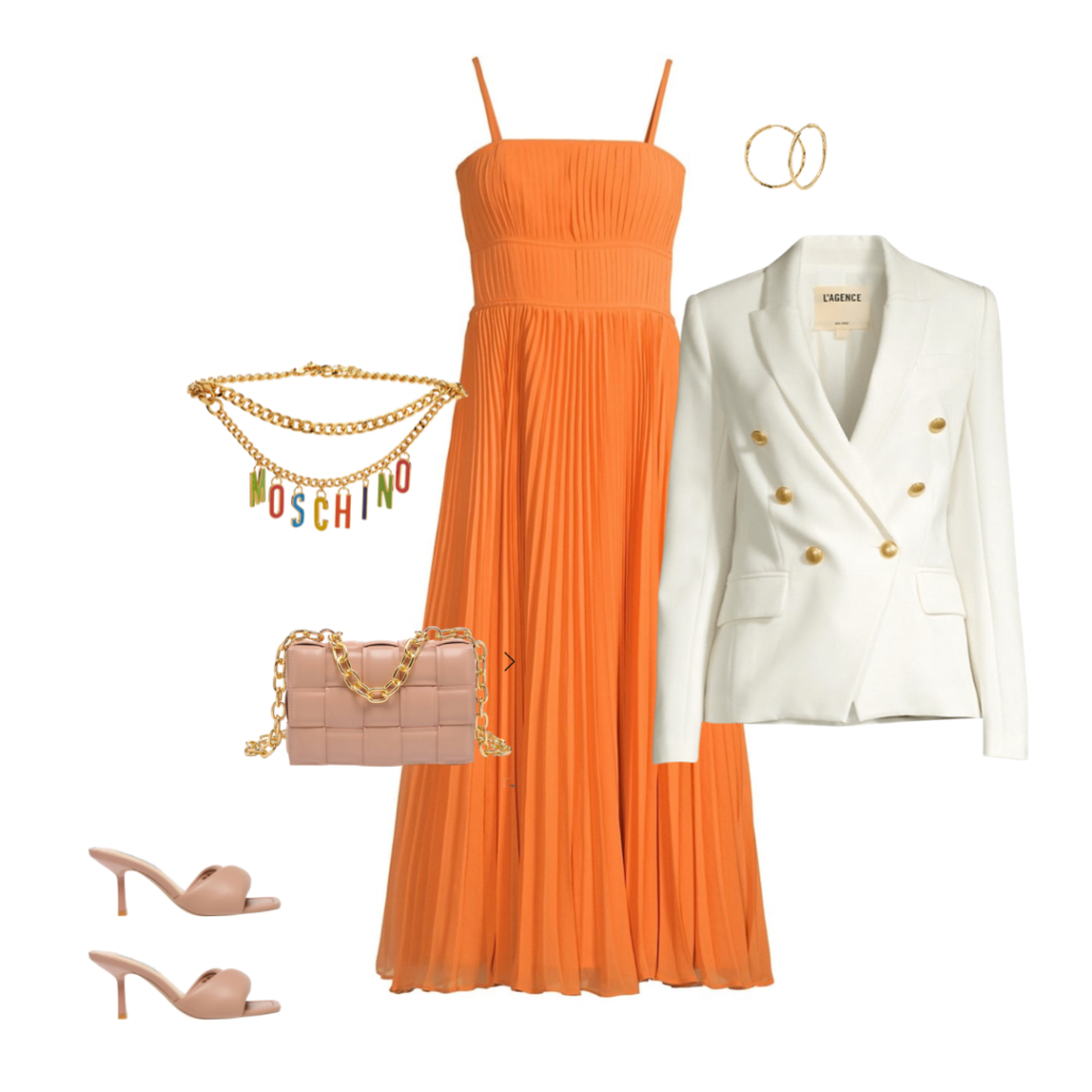 orange pleated dress white lagence blazer nude purse under $50 Moschino chain belt gold hoops nude shoes
dress outfit wedding guest attire
