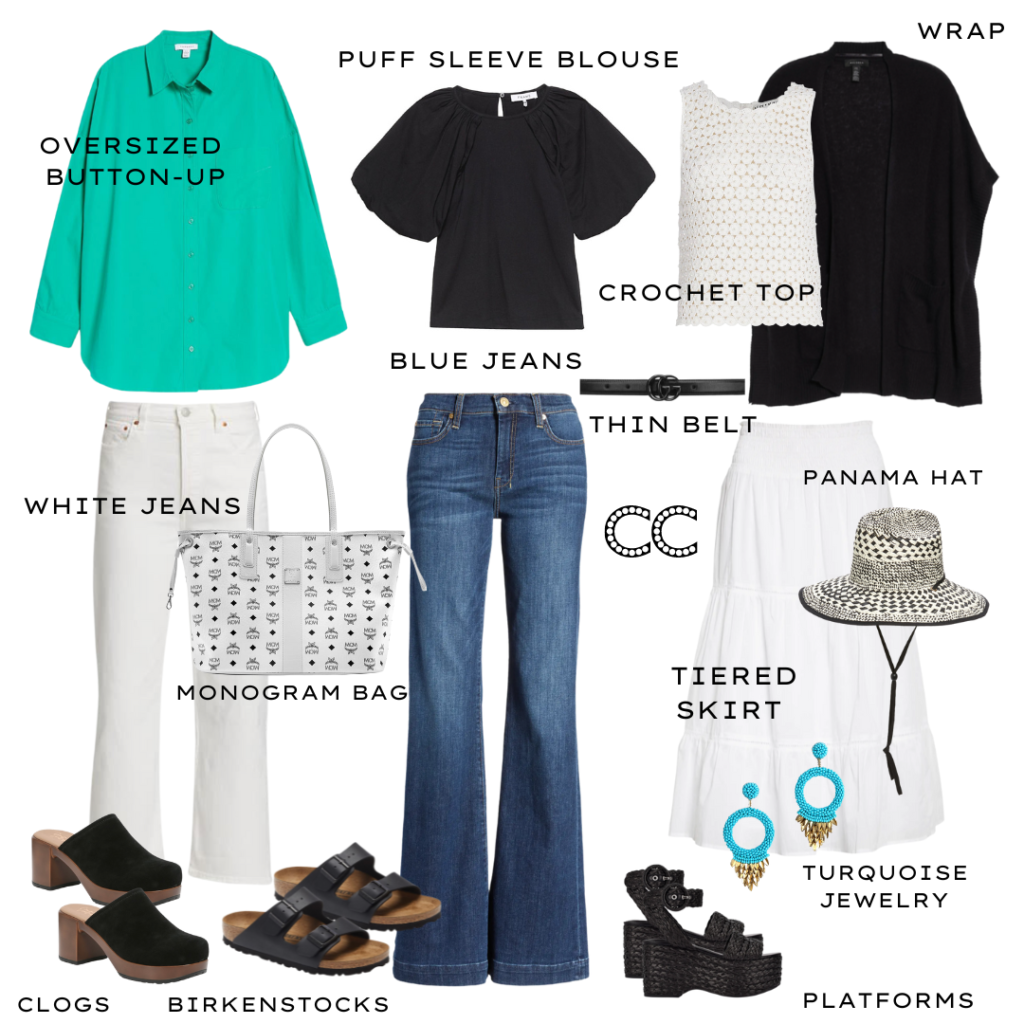 Oversized Button-Up
Puff Sleeve Blouse
Crochet Top
Wrap
White Jeans
Blues Jeans 
Tiered Skirt
Clogs
Platforms
Birkenstocks
Turquoise Jewelry
Panama Hat
Thin Belt
Monogram Bag
sumer capsule wardrobe
black and white with pop of color
