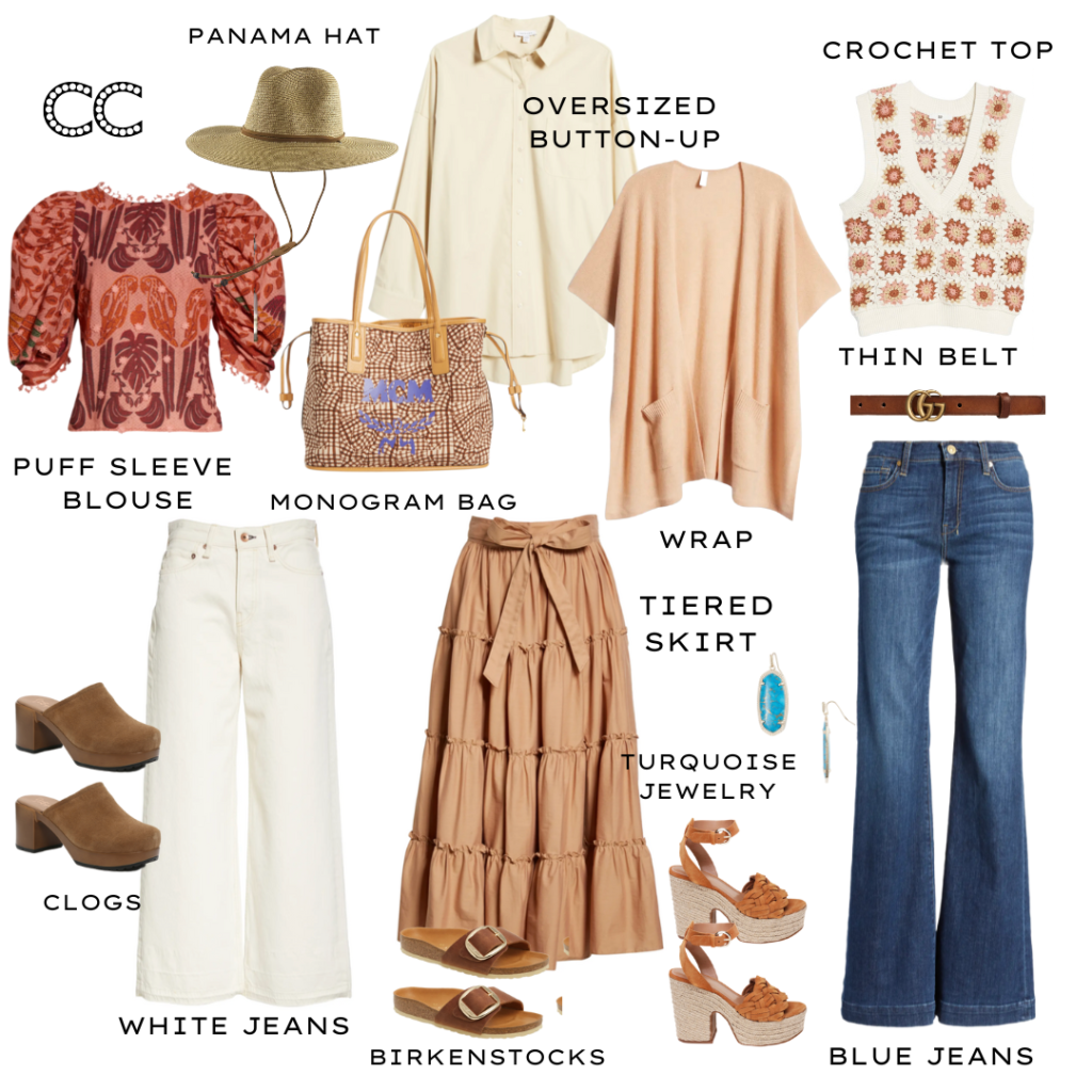 Oversized Button-Up
Puff Sleeve Blouse
Crochet Top
Wrap
White Jeans
Blues Jeans 
Tiered Skirt
Clogs
Platforms
Birkenstocks
Turquoise Jewelry
Panama Hat
Thin Belt
Monogram Bag
sumer capsule wardrobe
soft earthtones

