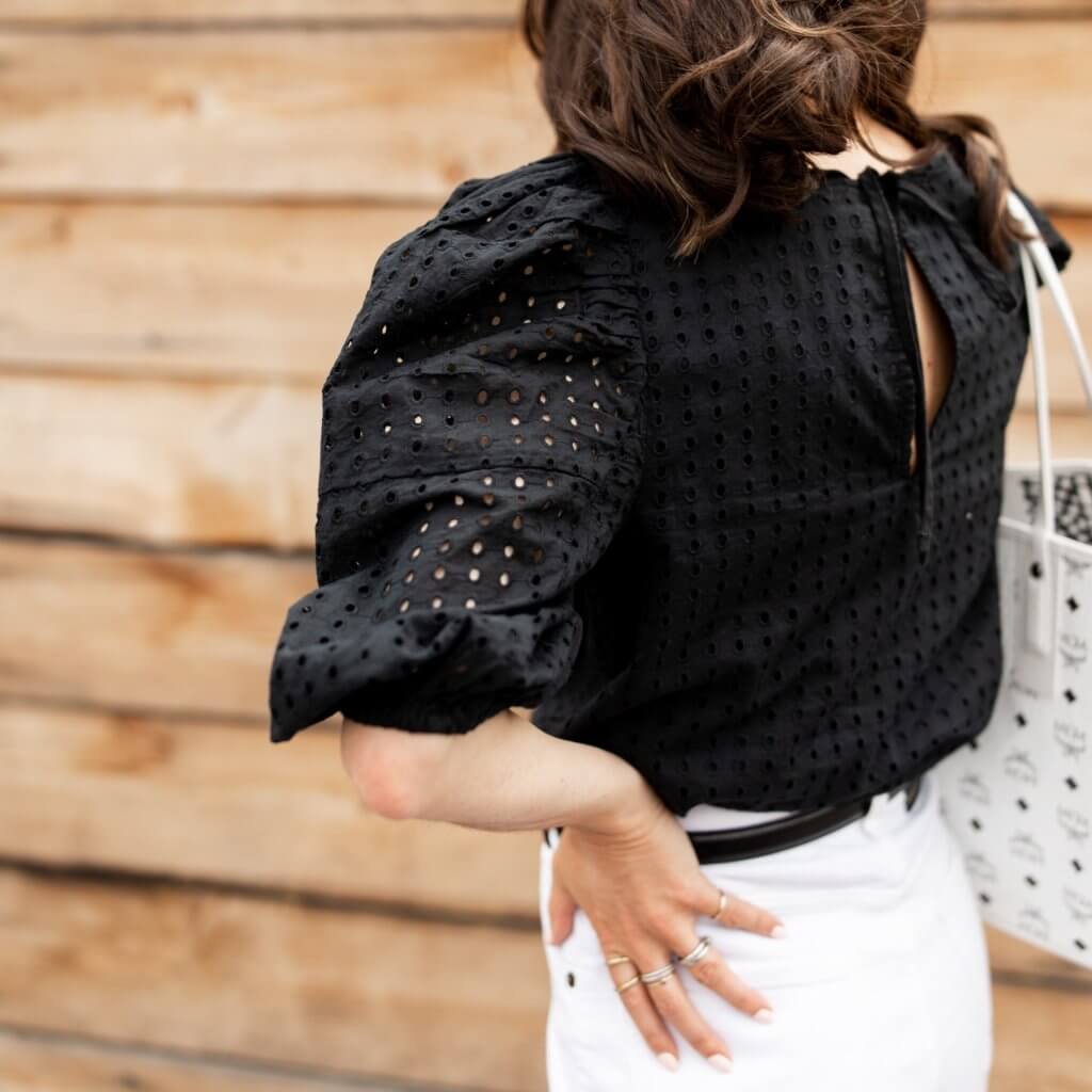black puff sleeve eyelet blouse from Target street style tie at neck
