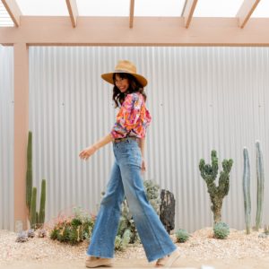 tomcat roller mother jeans wide leg high waist flare pink print puff sleeve farm rio blouse sun hat with chin strap platforms summer succulents the prickly pear