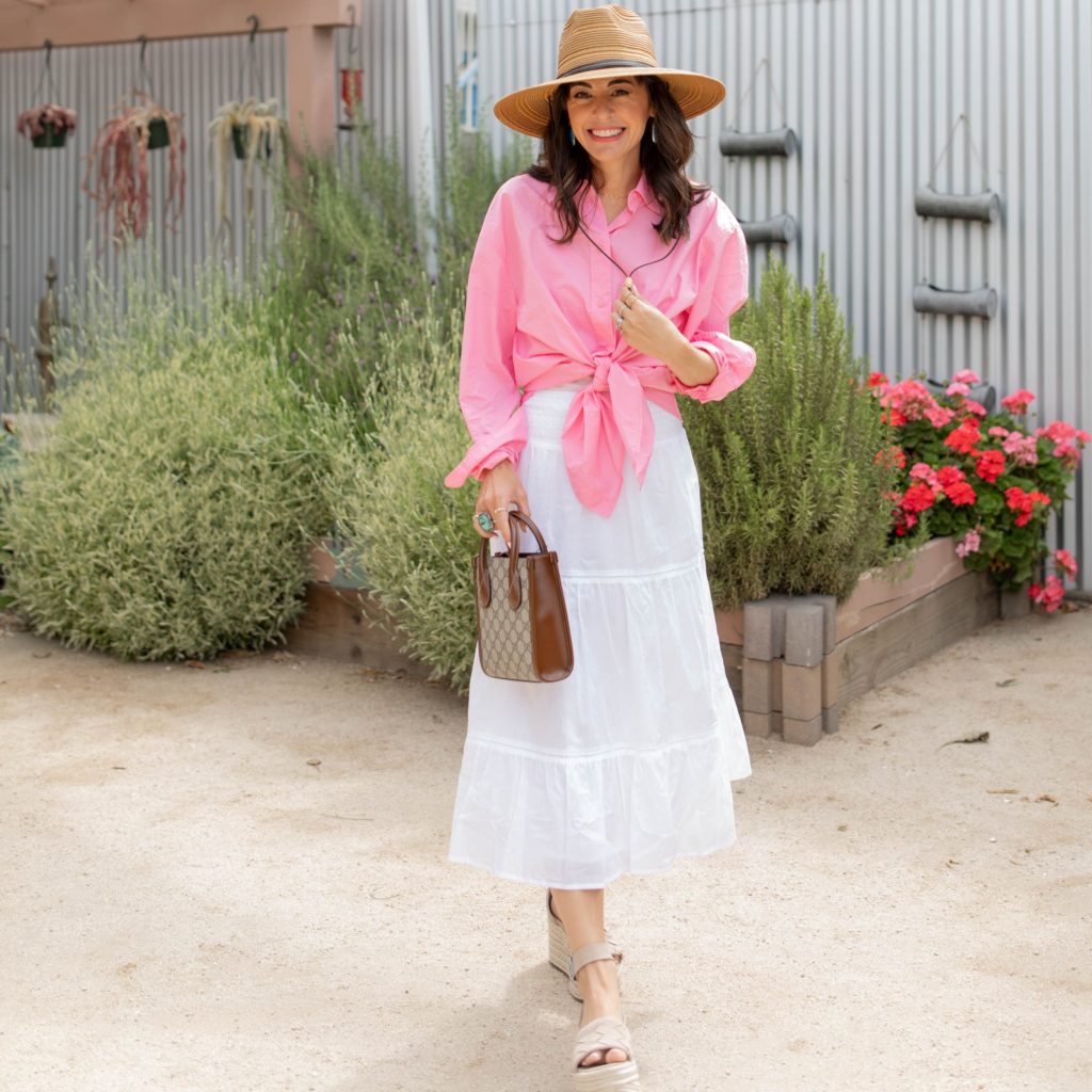 white button up shirt pink button up shirt white summer skirt plaform sandals hat with chin strap straw hat 
the prickly pear Sacamento
