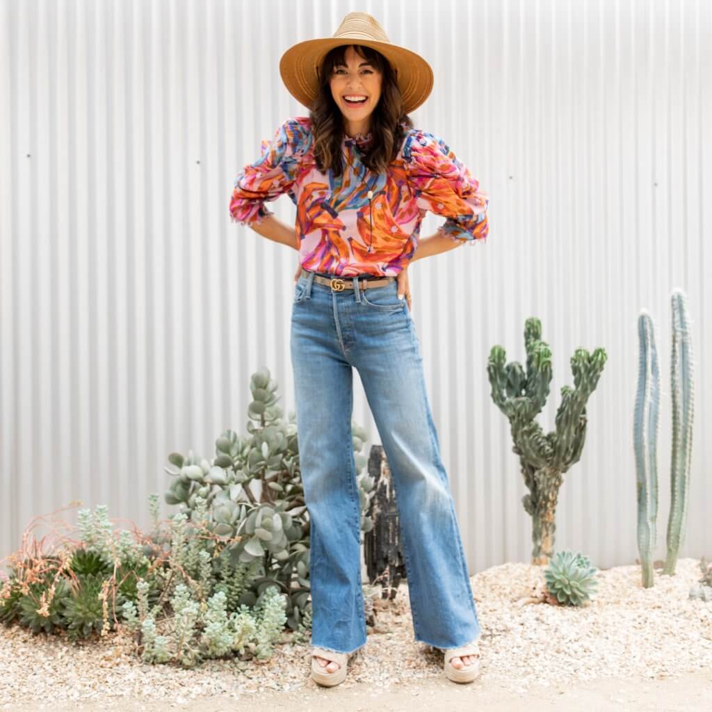 prickly pear sacramento amazon sun hat farm rio pink puff sleeeve blouse on jennifer sattler stylist with mother tomcat roller jeans gucci belt and march fisher platforms
