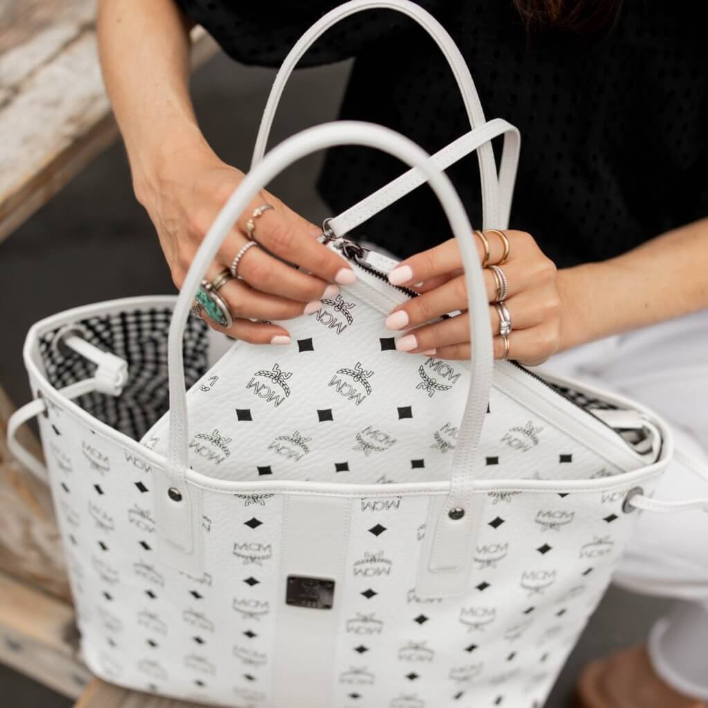 mcm black and white reversible tote