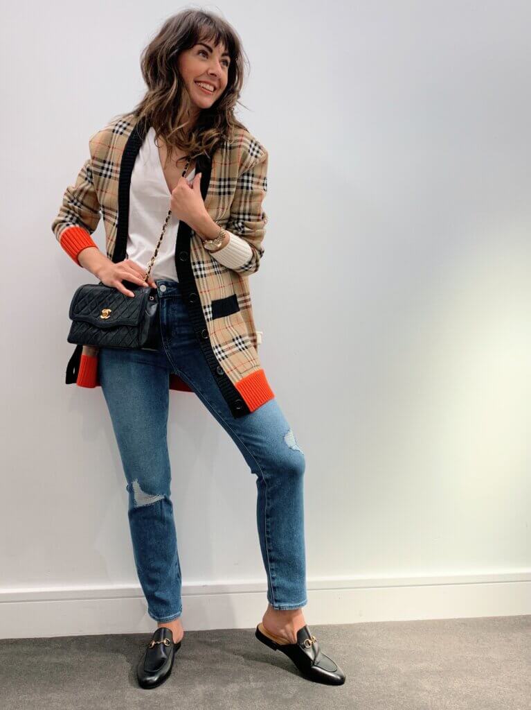 burberry cardigan frame t shirt chanel purse cindy jeans from Paige princeton mules gucci mules outfit street style
