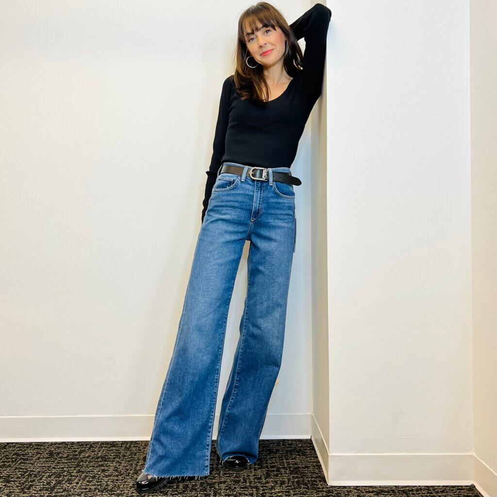Mia joes high rrise jeans long with ysl belt and halogen top on the nordstrom anniversary sale  Nsale Nordstom Jennifer Sattler Stylist
