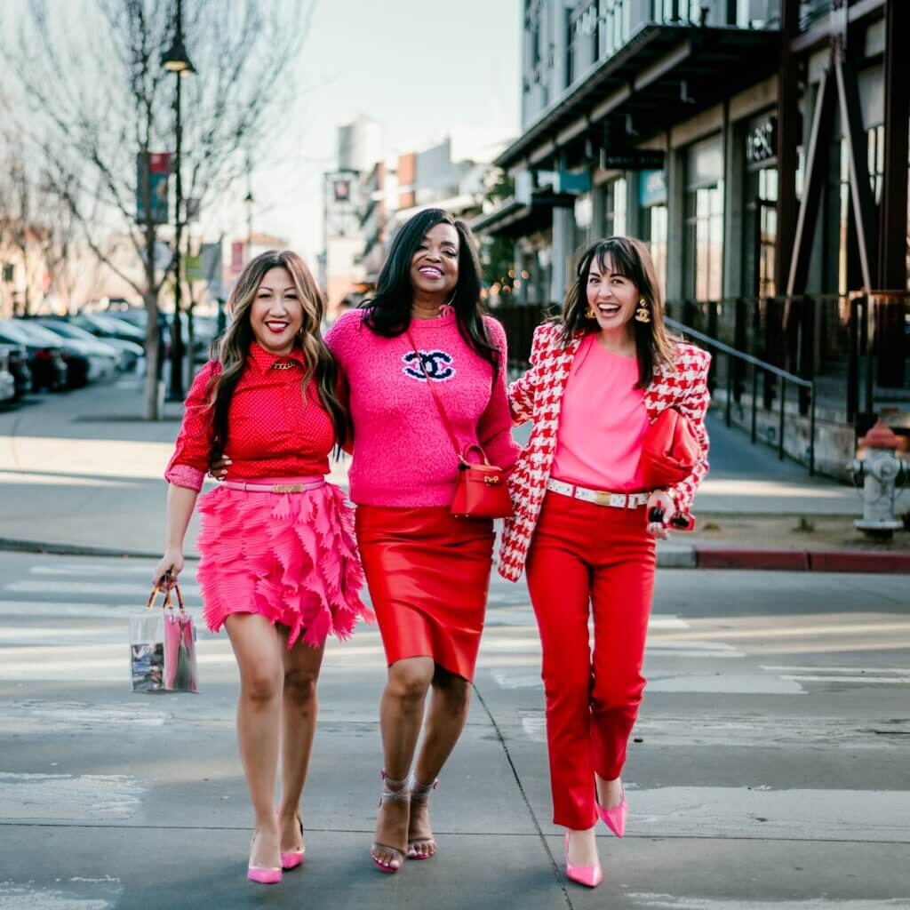 pink and red street style outfits red leather pants sacramento ca red leather skirt pink skirt chanel sweater