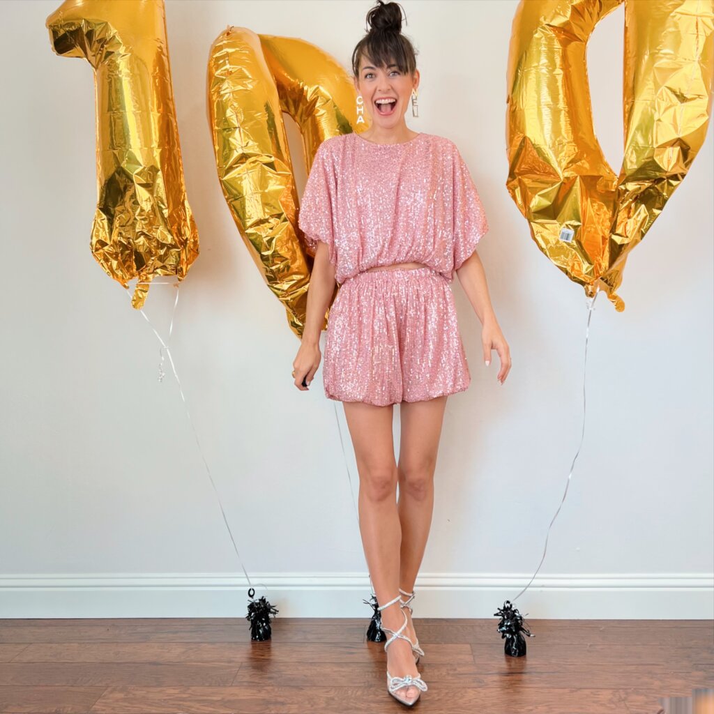 jennifer sattler stylist sequin shorts 100k follower on instagram monochromatic pink oufit 
