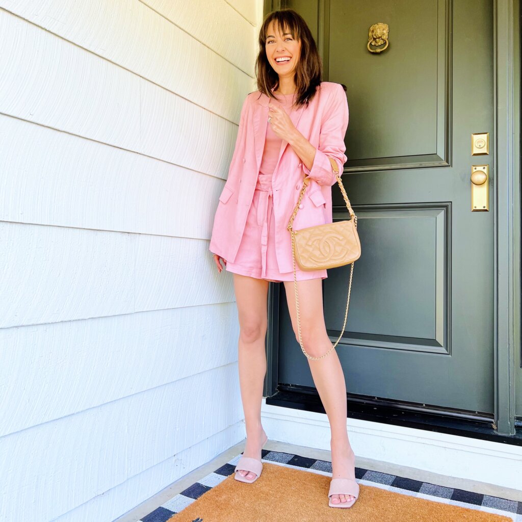 Monochromatic style tip haute mama look of the day on instagram pink shorts and pink blazer
