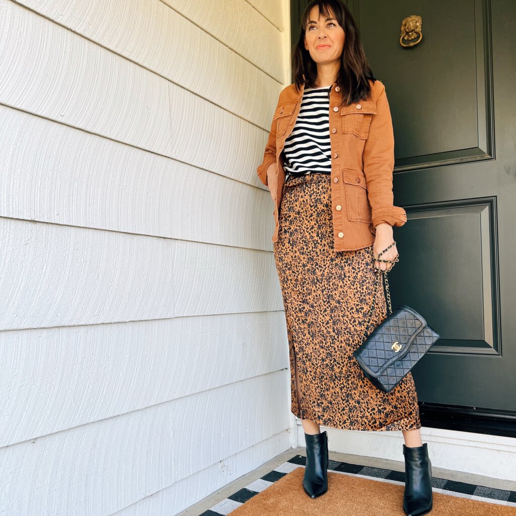 Jennifer Sattler stylist wearing halogen slip skirt in animal print with nordstrom brand striped tee and $59 rust utility jacket and chanel purse high low styling haute mama look of the day. brand at nordstrom exclusive brand at nordstrom 