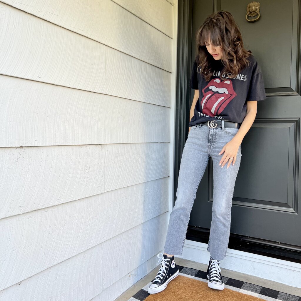 gucci belt target rolling stones t shirt converse sneakers grey crop flare jeans
