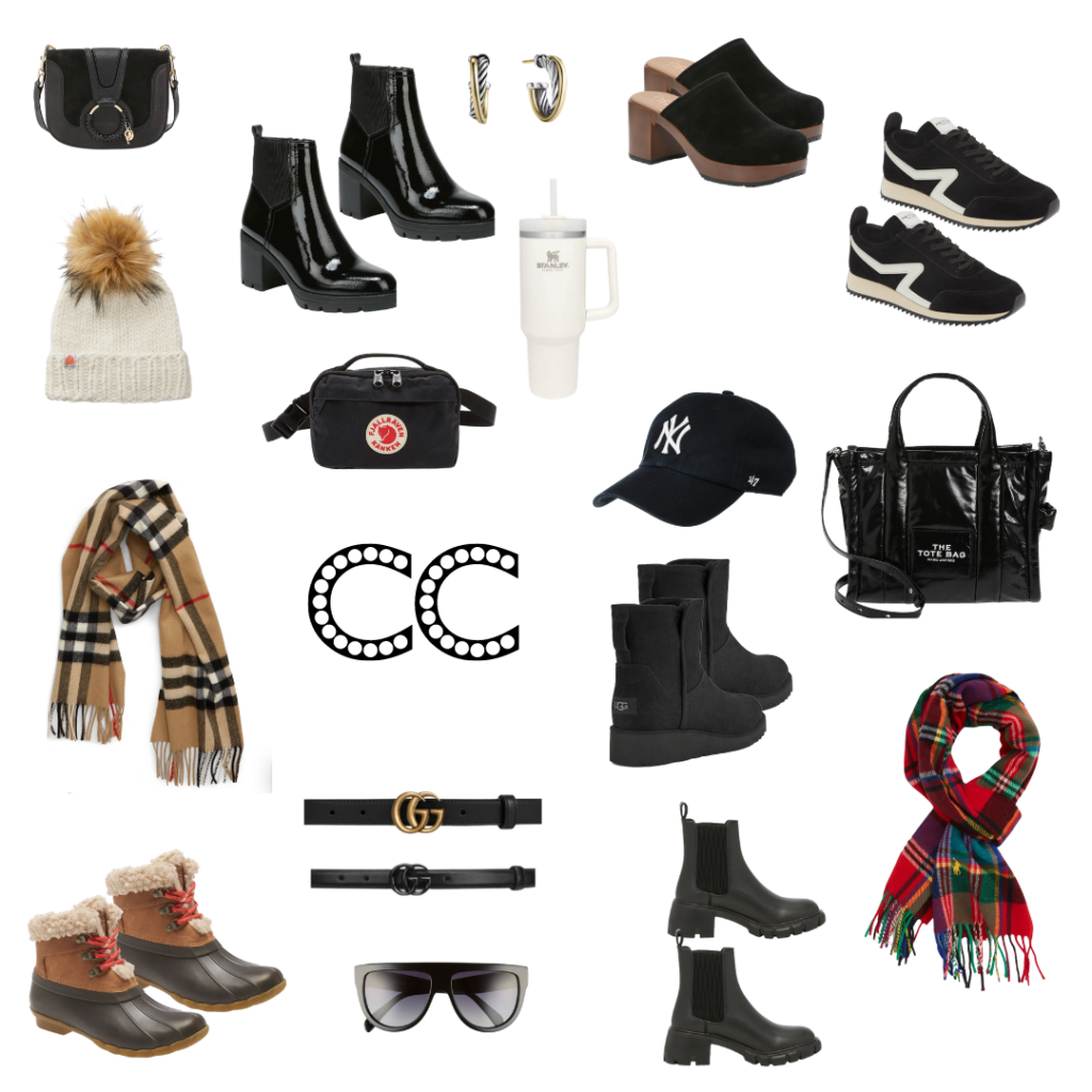 Cross Body Bag | Beanie | Burberry Scarf | Rain Boots | Shiny Boots | Belt Bag | Gold Belt | Black Belt | Sunglasses | Hoops | Tumbler | Baseball Hat | Uggs | Pull-on Boots | Clogs | Retro Sneakers | Tote | Red Scarf

