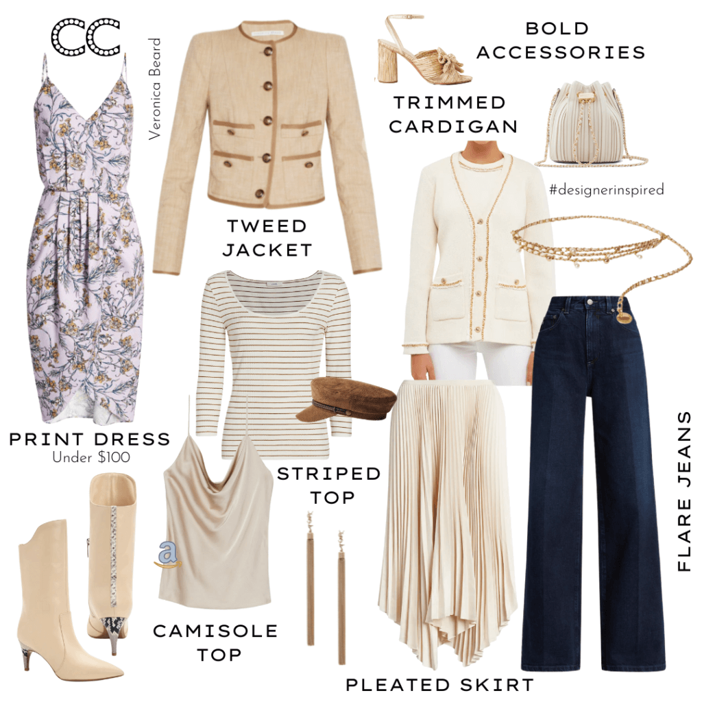 HIGH-LOW CAPSULE WARDROBE WITH VERONICA BEARD - Trimmed Cardigan | Print Dress | Flare Jeans | Tweed Jacket | Striped Top | Pleated Skirt | Camisole Top | Bag | Belt | Boots | Earrings | Hat 