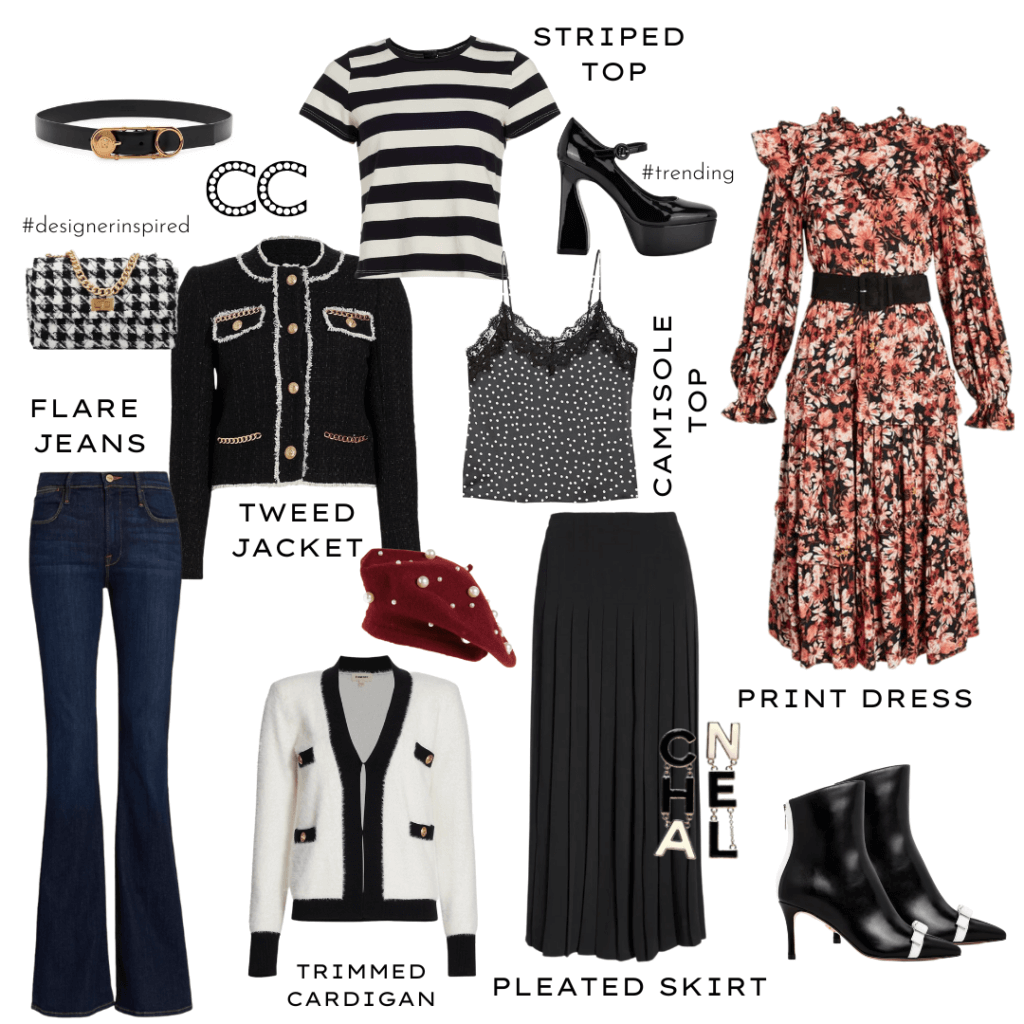 EMILY IN PARIS CAPSULE WARDROBE - Trimmed Cardigan | Print Dress | Flare Jeans | Tweed Jacket | Striped Top | Pleated Skirt | Camisole Top | Bag | Belt | Boots | Earrings | Hat 