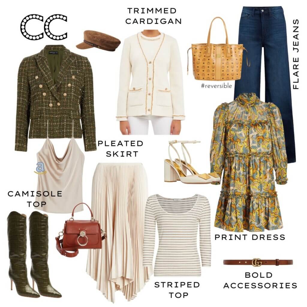 How to high low style - Trimmed Cardigan | Print Dress | Flare Jeans | Tweed Jacket | Striped Top | Pleated Skirt | Camisole Top | Bag | Belt | Boots | Earrings | Hat | Tote | Shoes