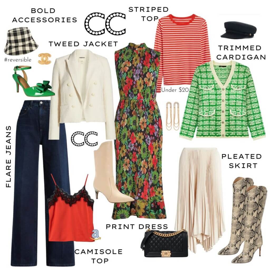 How to High Low Style - Trimmed Cardigan | Print Dress | Flare Jeans | Tweed Jacket | Striped Top | Pleated Skirt | Camisole Top | Bag | Belt | Cream Boots | Earrings | Hat | Snakeskin Boots | Green Shoes | Brooch | Bucket Hat 