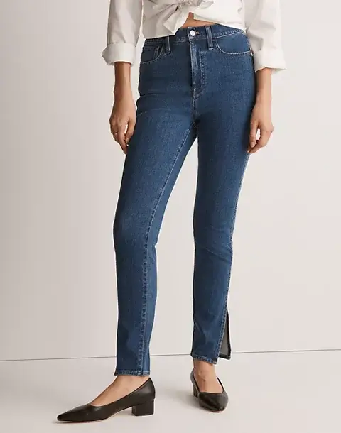 MADEWELL 11" High-Rise Roadtripper Supersoft Skinny Jeans in Medium Indigo Wash: Slit-Hem Edition