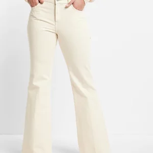EXPRESS Mid Rise Cream Raw Hem 70s Flare Jeans in Swan 121