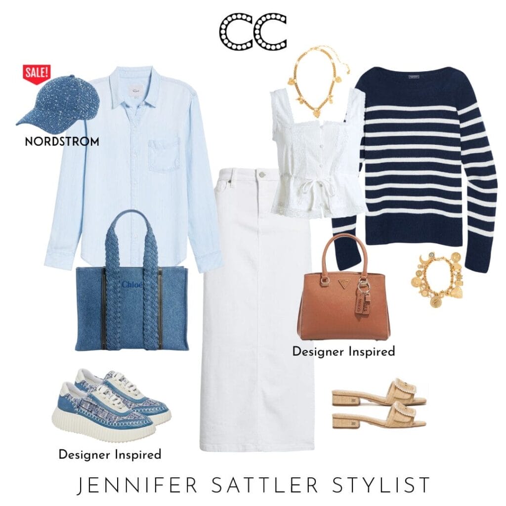 summer outfit style boardDenim Baseball Hat | Tencel Button-Up | Chloe Tote | Designer Inspired Sneakers | Charm Necklace | Camisole Top | Striped Cashmere Sweater | Guess Bag | Sam Edelman Raffia Sandals