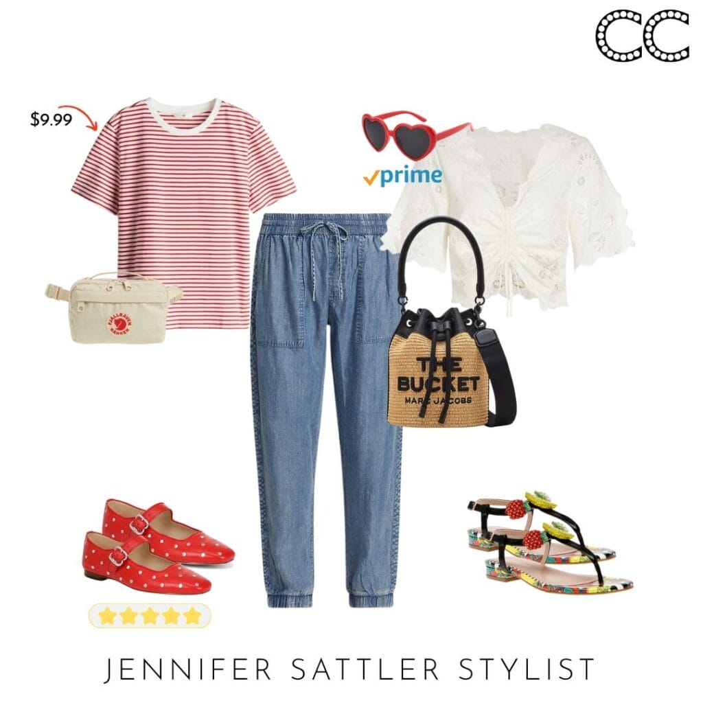 scrapbook style board with striped Tee | Belt Bag | tencel jogger Jeans | sam edelman. Red Flats | Lace Top | Bucket Bag | fruit Sandals