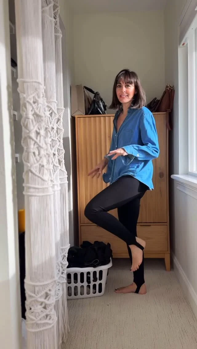If you have a lot of clothes what you really want to wear is what you’ve been wearing! 
#hautemamalookoftheday #jeanshirt #stirupleggings 
Comment SHOP below to receive a DM with the link to shop this post on my LTK ⬇ https://liketk.it/5blch