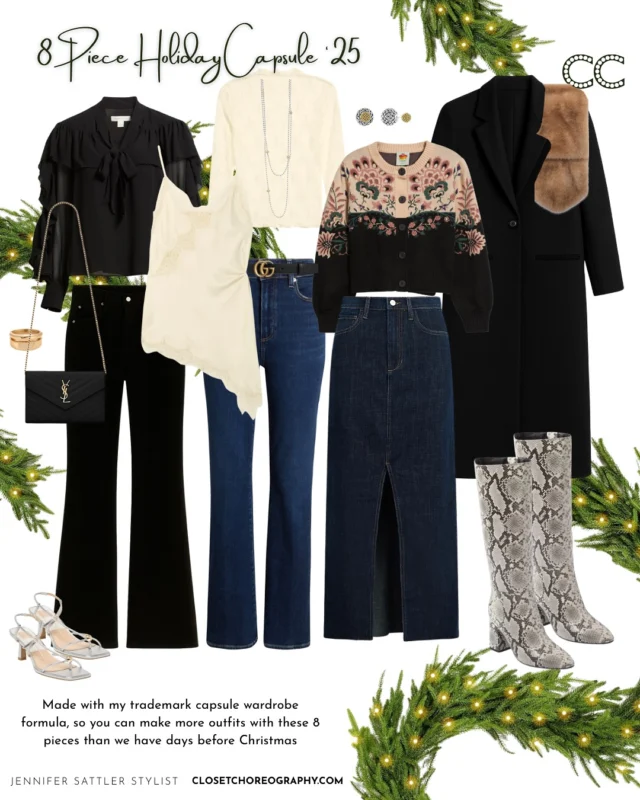 Made with my trademark capsule wardrobe formula, so you can make more outfits with these 8 pieces than we have days before Christmas!

Type “Pro” and I’ll send you the links to the pieces in the sample capsule and the link to download the free look book and more samples on closetchoreography.com